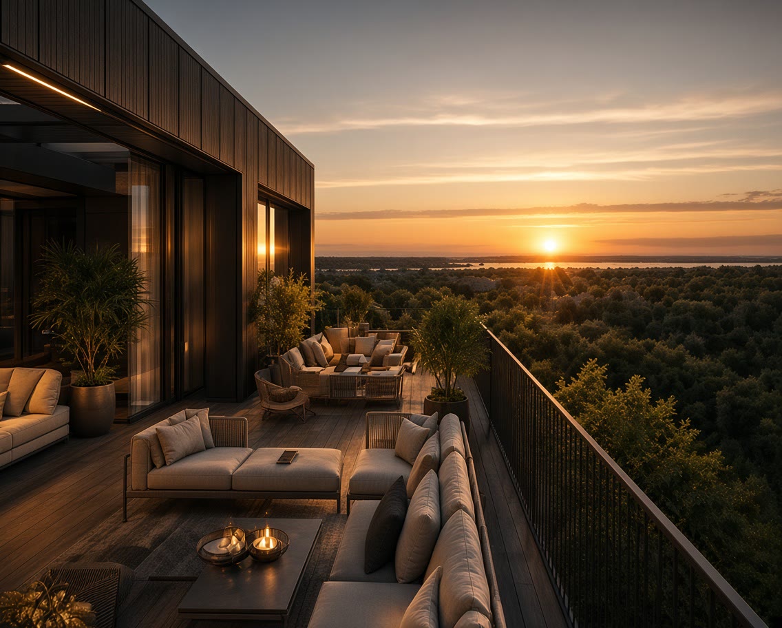 Apartment terrace at sunset, looking out over the woodland and the lake