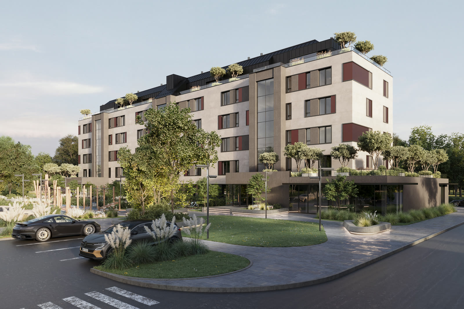 The block from the corner: glazing, terraces and planted roof