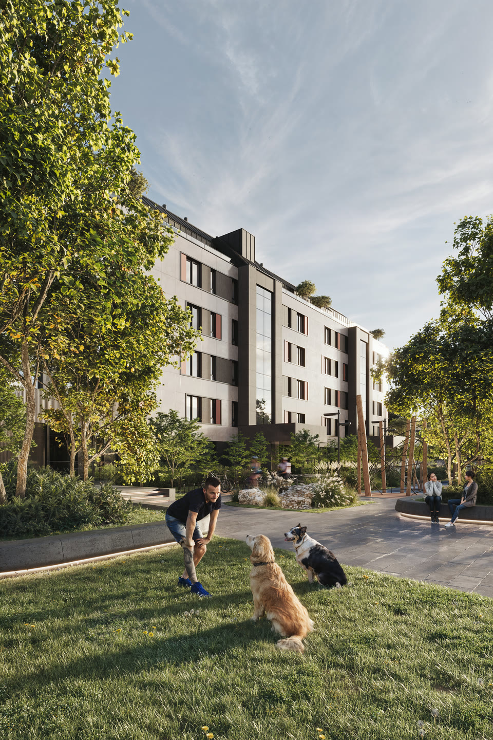 The lawn beside the block and the seating area
