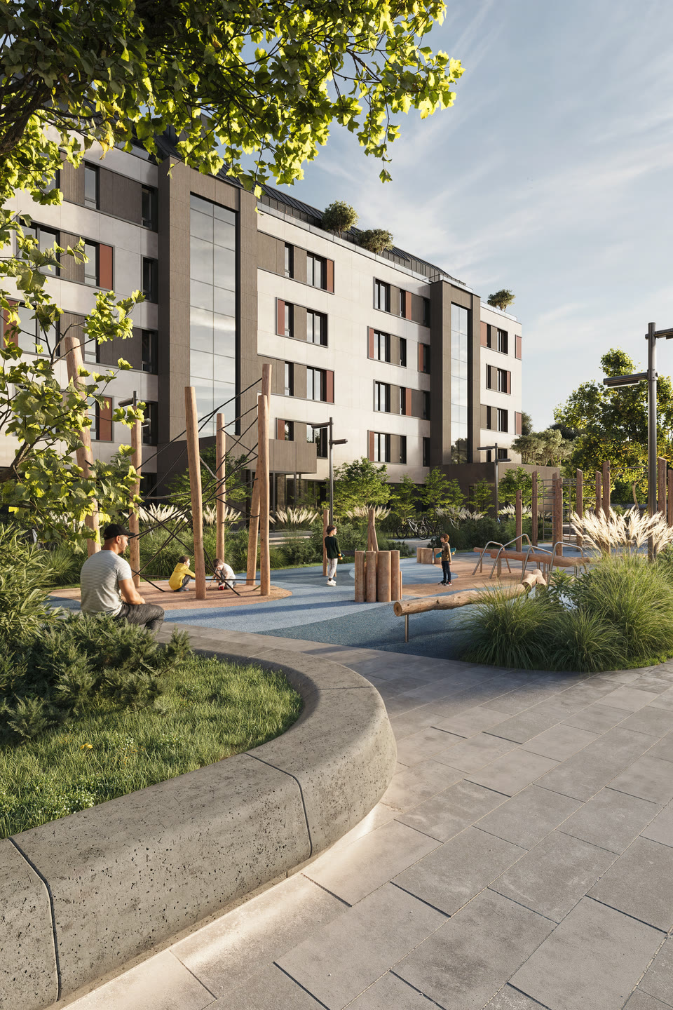 Courtyard play areas between the block and the car park