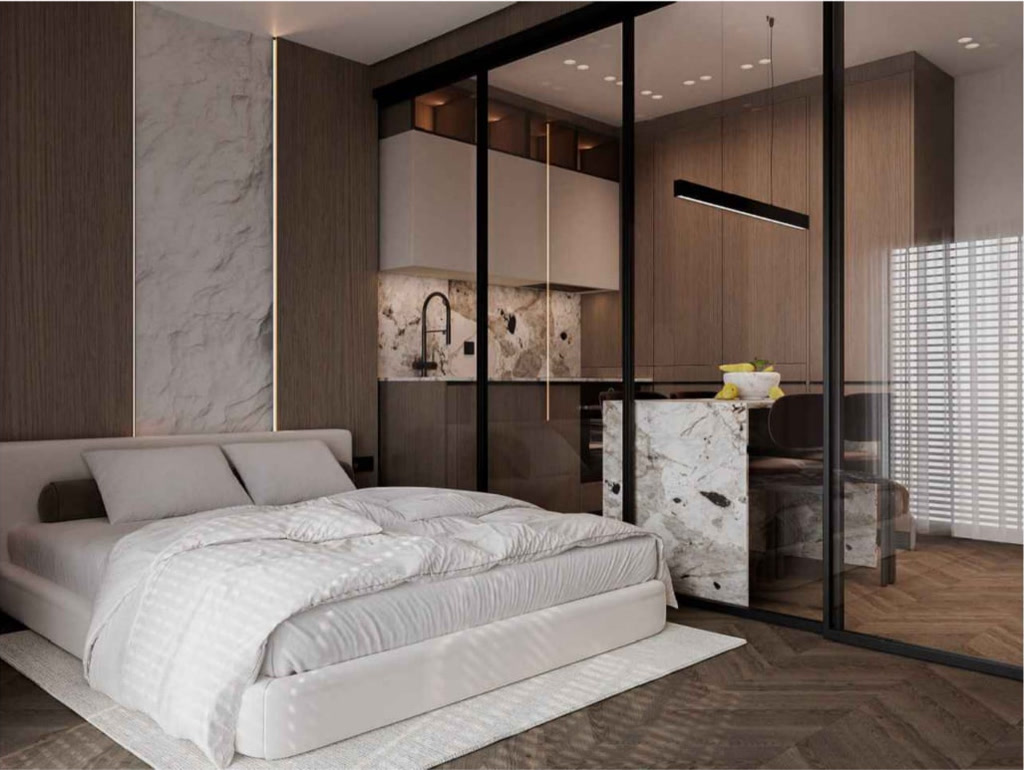 Bedroom with a glass partition and a veneered wall panel