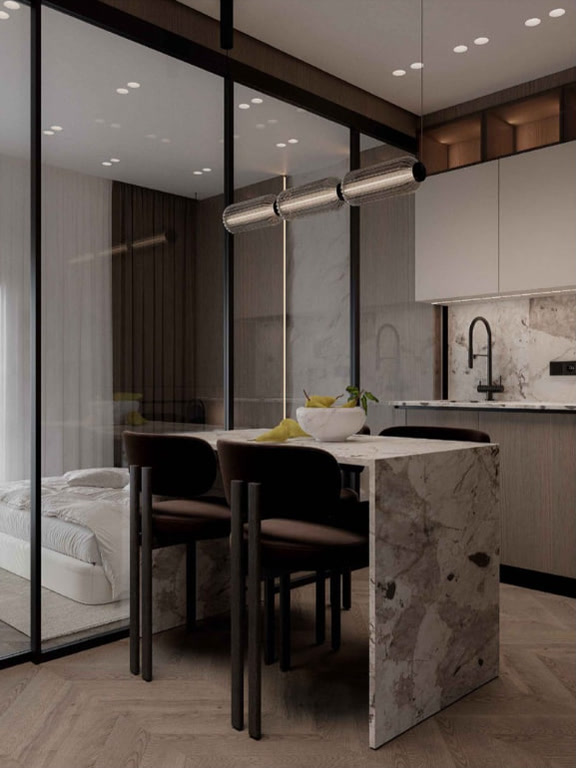 Kitchen-diner with a marble island