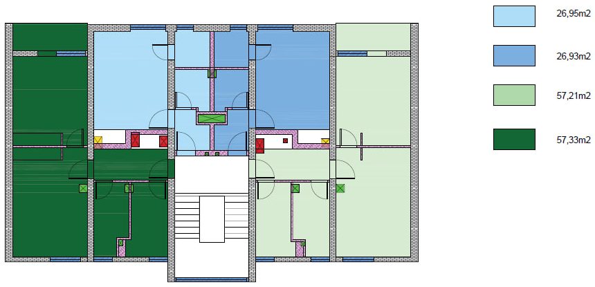 Typical floor schedule of areas: two apartments of 26.93 and 26.95 sqm and two of 57.21 and 57.33 sqm