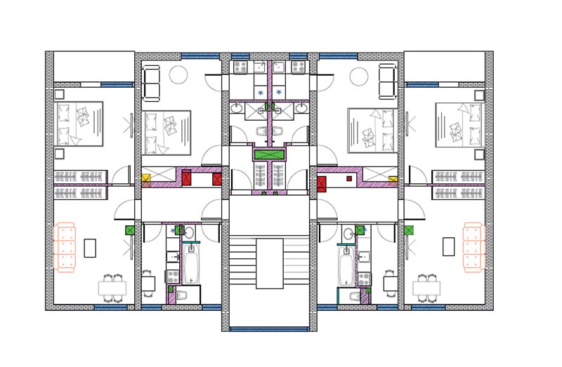 Typical floor drawing with furniture laid out: four apartments, the stair core and the lift