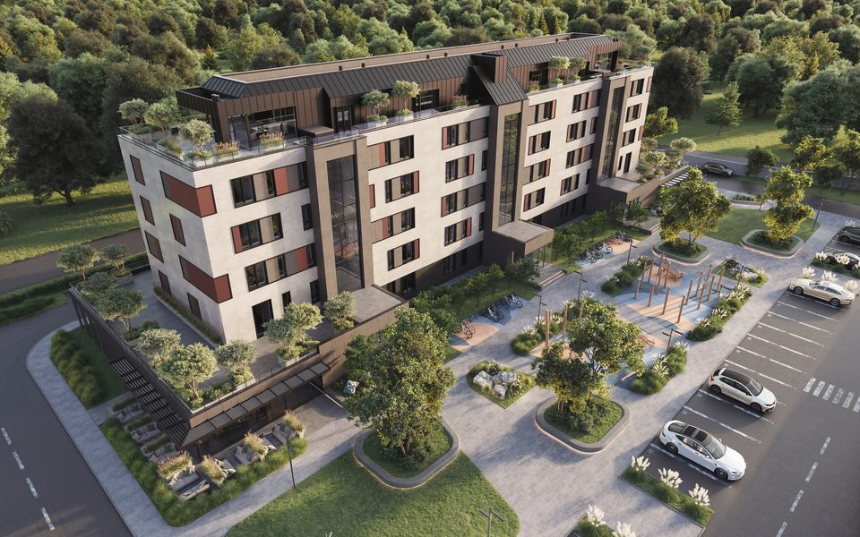 Aerial view of the residential complex and its landscaped grounds