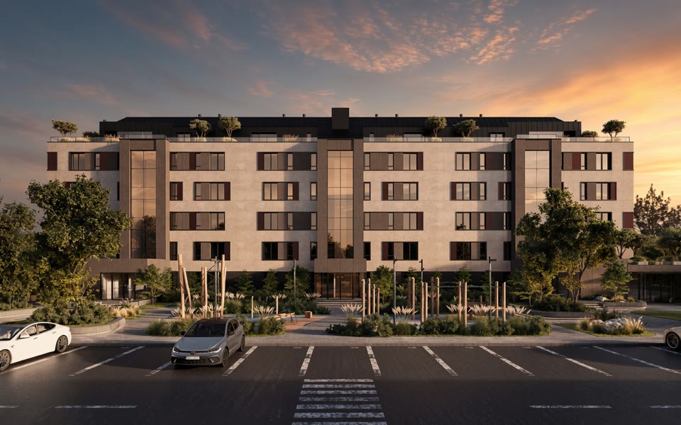 Facade of the residential building at sunset