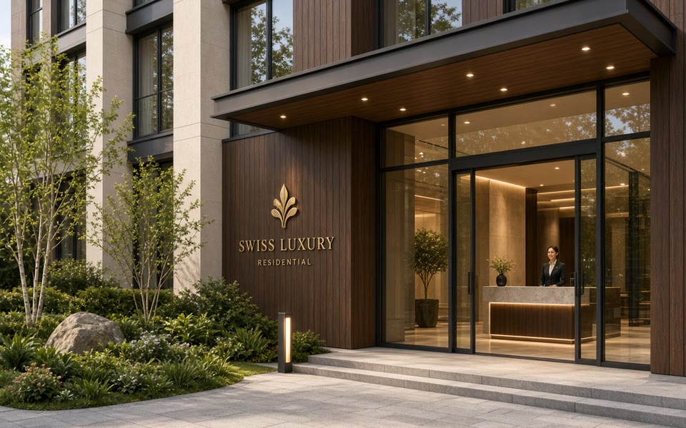 Entrance to the building with the reception desk