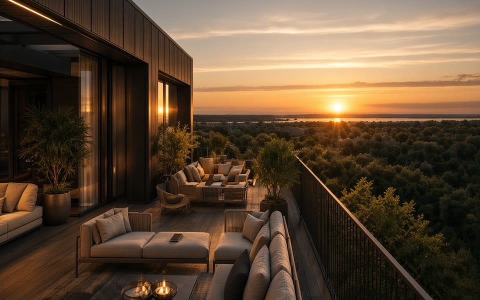 Terrace overlooking woodland and the lake at sunset
