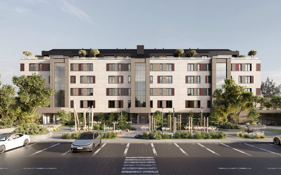 Residential block of the eco-park by day, with parking and landscaping in front of the entrance