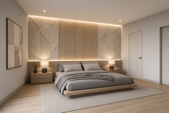 Bedroom of a 77 sq m apartment: double bed and backlit wall panels