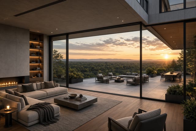 Penthouse with floor-to-ceiling glazing and a large terrace above the forest