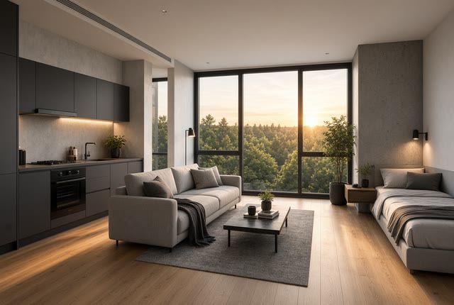 Studio: kitchen, living area and sleeping space in one room, panoramic window facing the forest