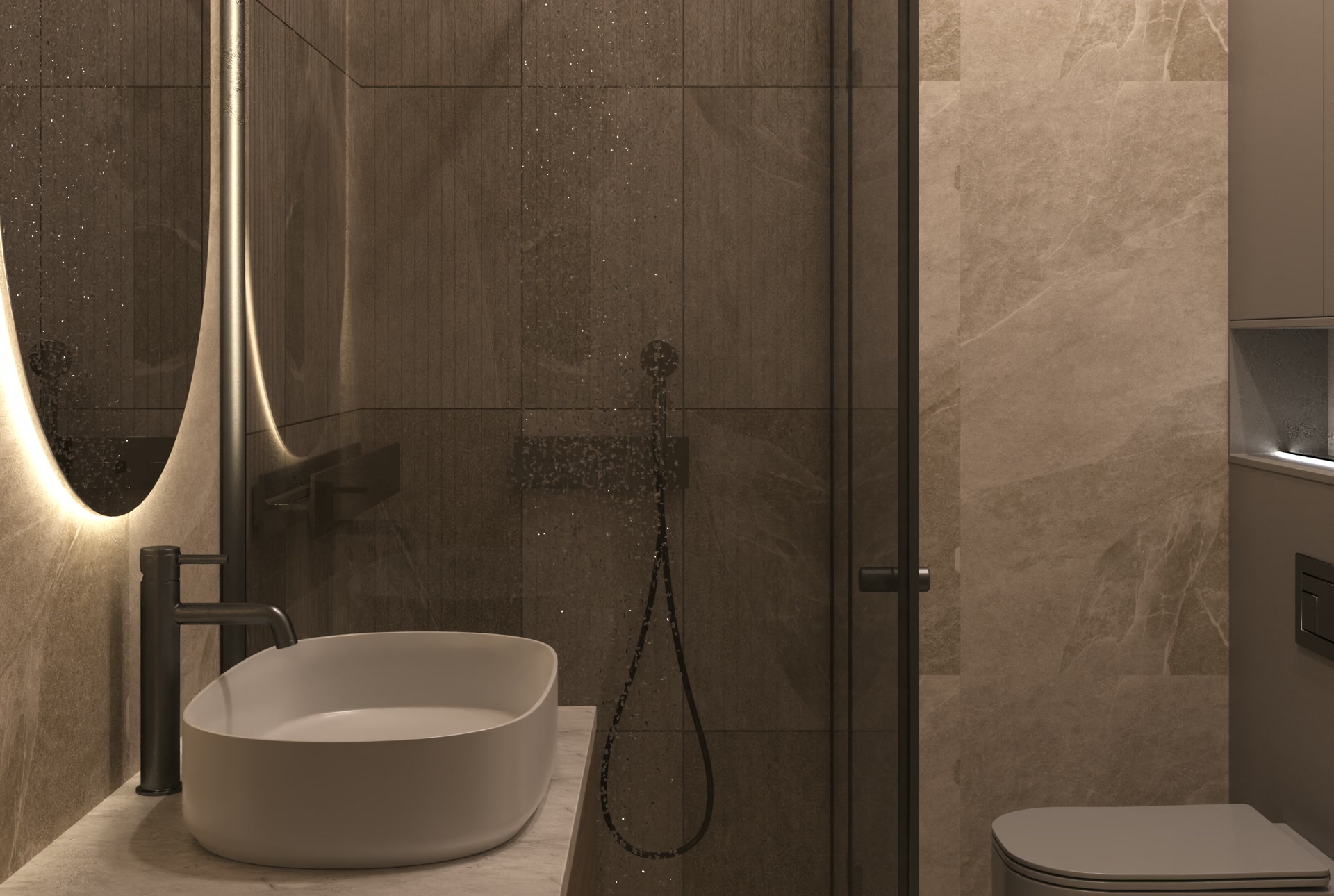 Bathroom: vessel basin, backlit oval mirror, glass-enclosed shower and wall-hung toilet