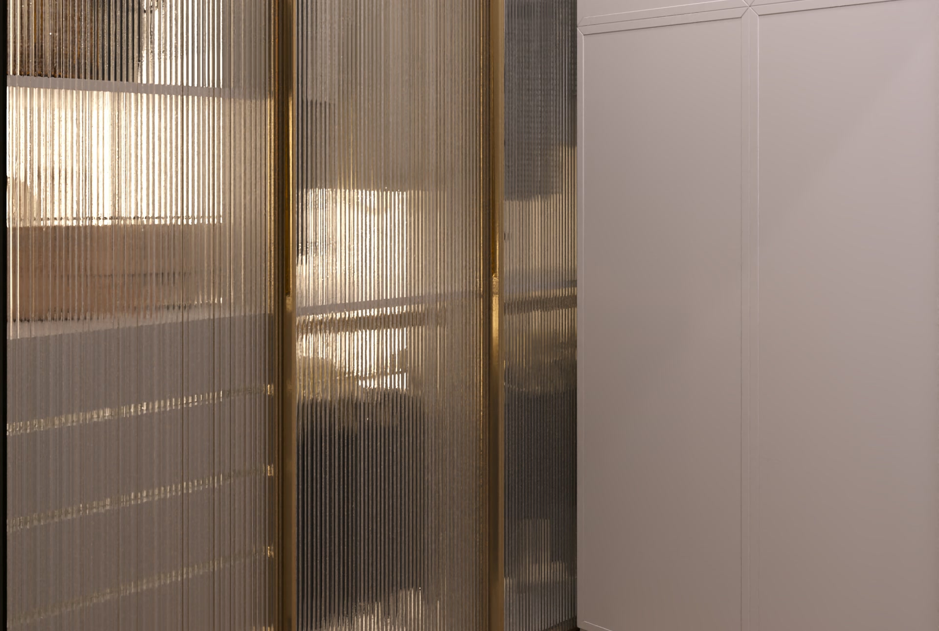 Walk-in wardrobe: reeded glass in brass frames and cabinet fronts
