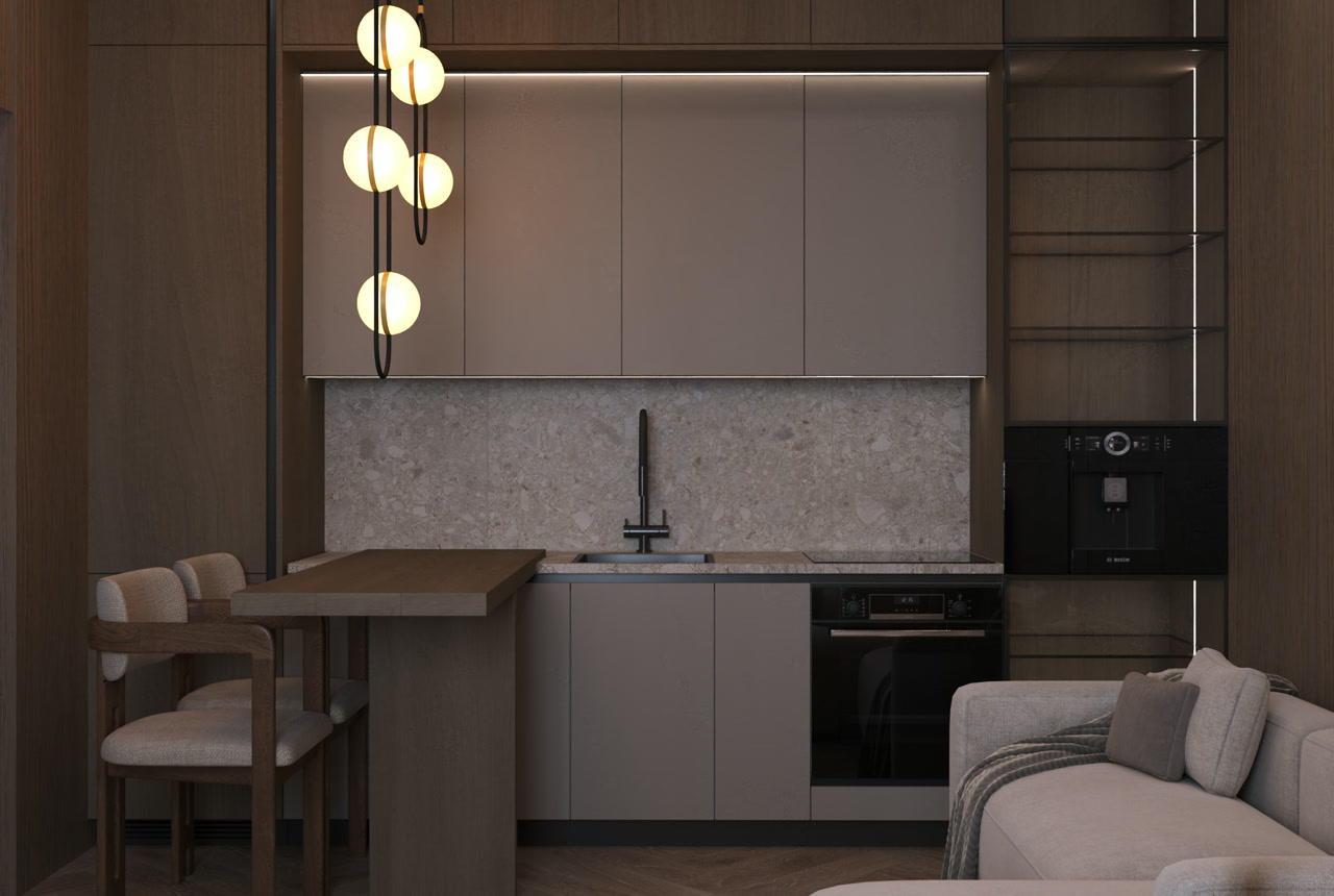 Living area: sofa, TV and dining table
