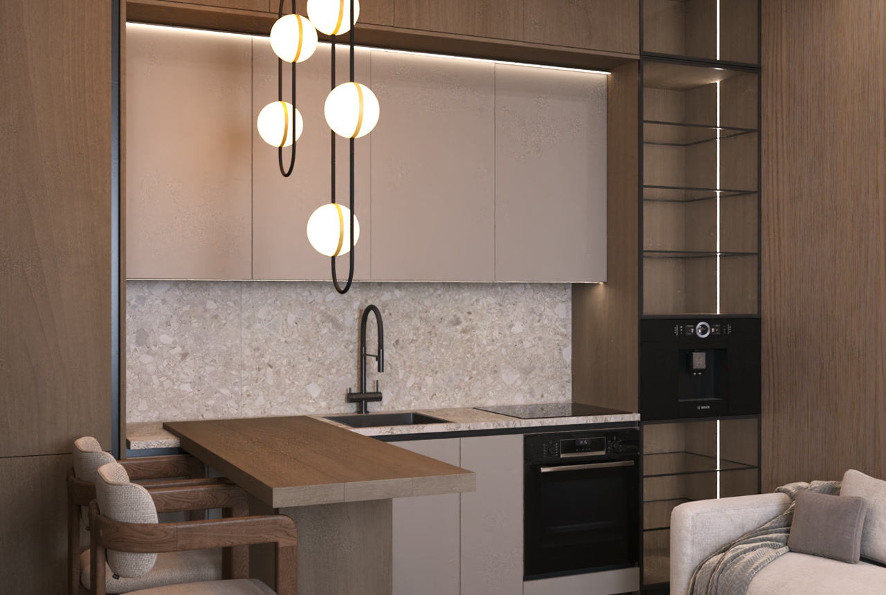 Kitchen with built-in appliances, dining table and sofa