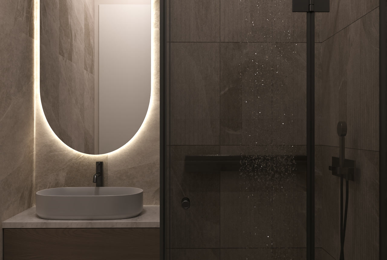 Bathroom: washbasin with a backlit mirror and shower cabin