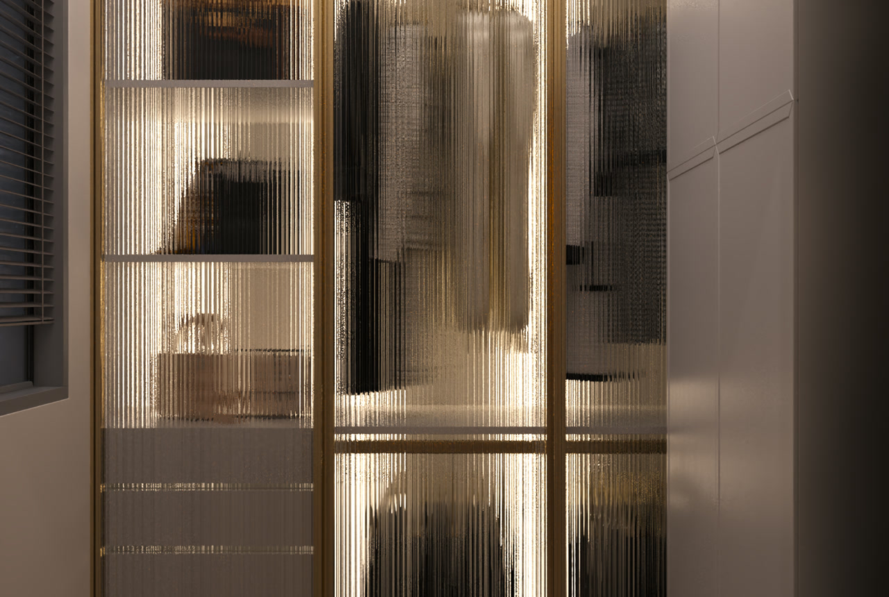 Walk-in wardrobe with glass doors and lighting