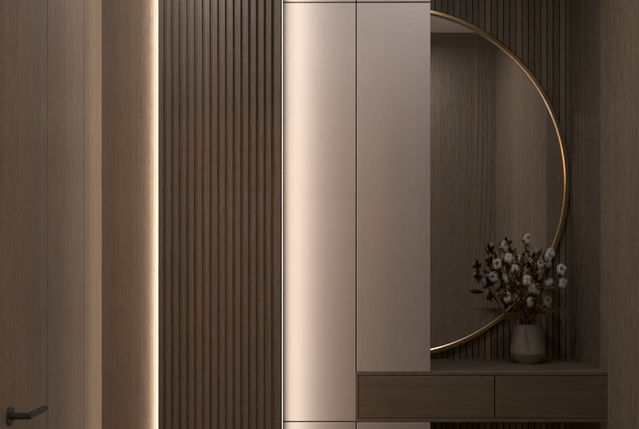 Entrance hall: slatted veneer panels, built-in wardrobe, round mirror and a console with drawers