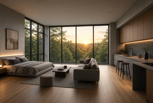 Studio in the second layout: sleeping area by the window, kitchen along the wall