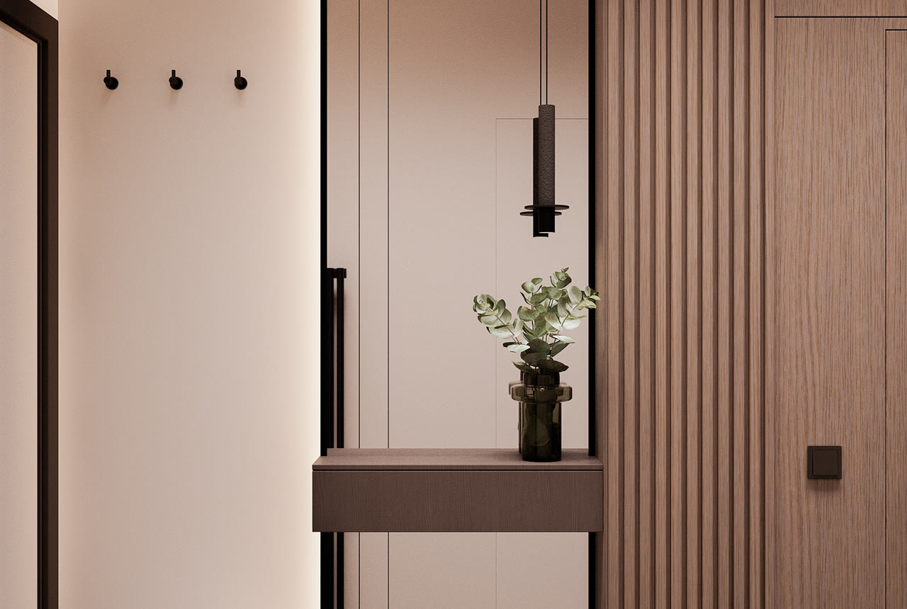 Hallway with a bench, mirror and console