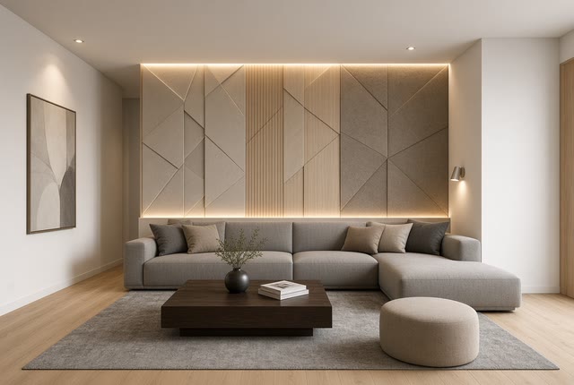 Living room of a 77 sq m apartment: corner sofa and backlit wall panels
