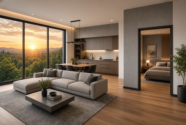 One-bedroom apartment: living room with kitchen-diner and a separate bedroom