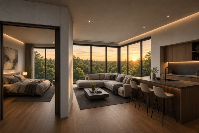 One-bedroom apartment in the second layout: kitchen island and a bedroom behind a partition